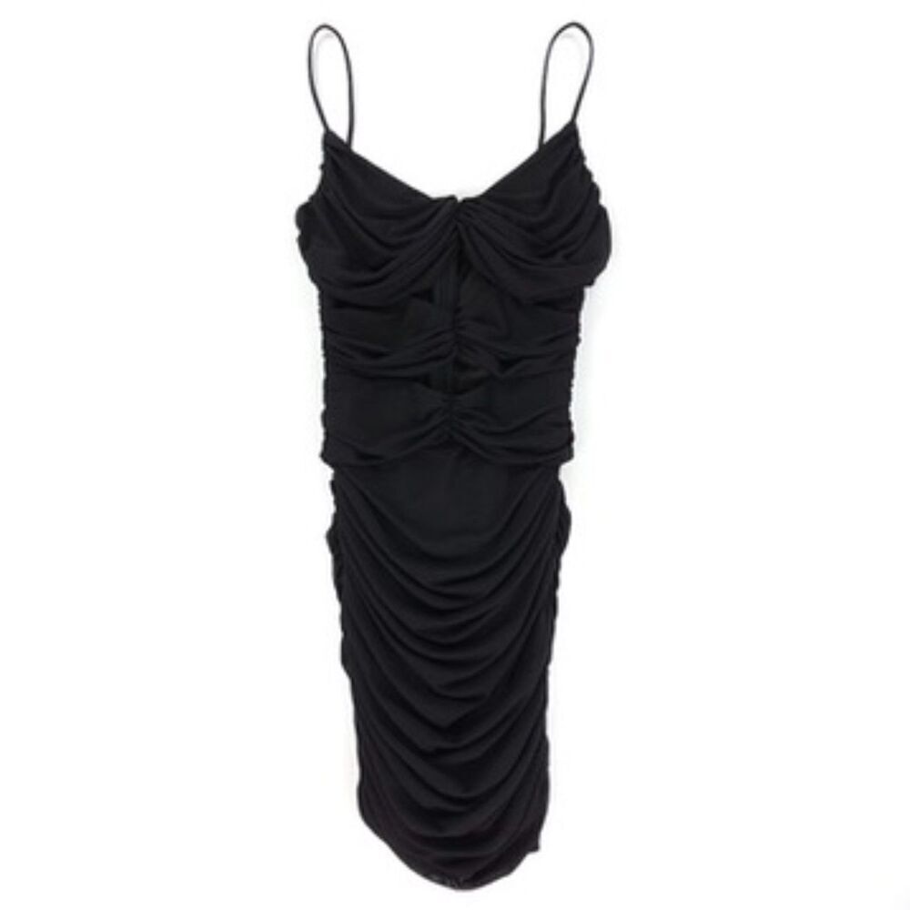 NEW Oh Polly Paris Cut Out Ruched Mini Dress Black Mesh 90s Y2k Clean Girl Glam